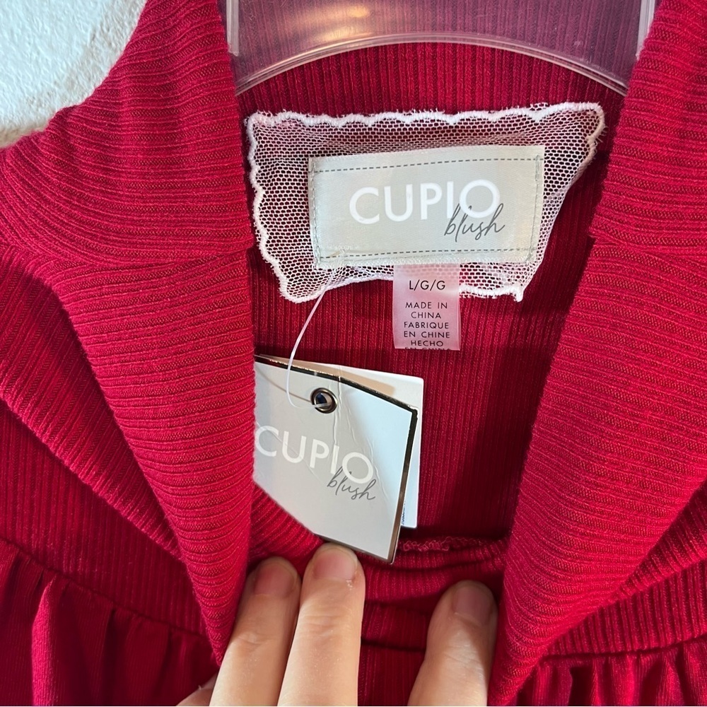 Cupio Blush Jester Red Puff Sleeve L Gathered Yoke Ribbed Mick Women’s top NWT - Picture 6 of 10